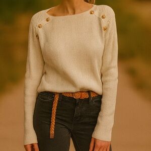 Vila Milano Off White Nautical Gold Button Long Sleeve Boat Neck Ribbed Top Med